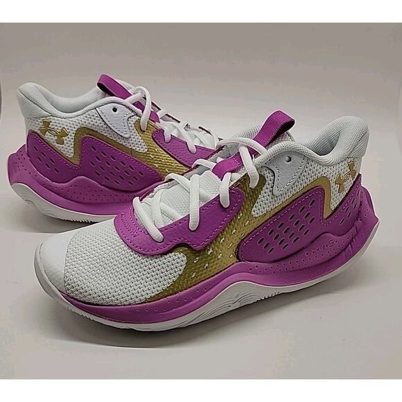 Under Armour Jet UA GS White Pink Gold Basketball Shoes Sz 4Y 3026635-106 NEW - Picture 1 of 13
